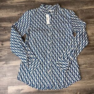 Crew Seahorse Print Button Down Shirt Size 4 Blue White Linen Cotton NWT